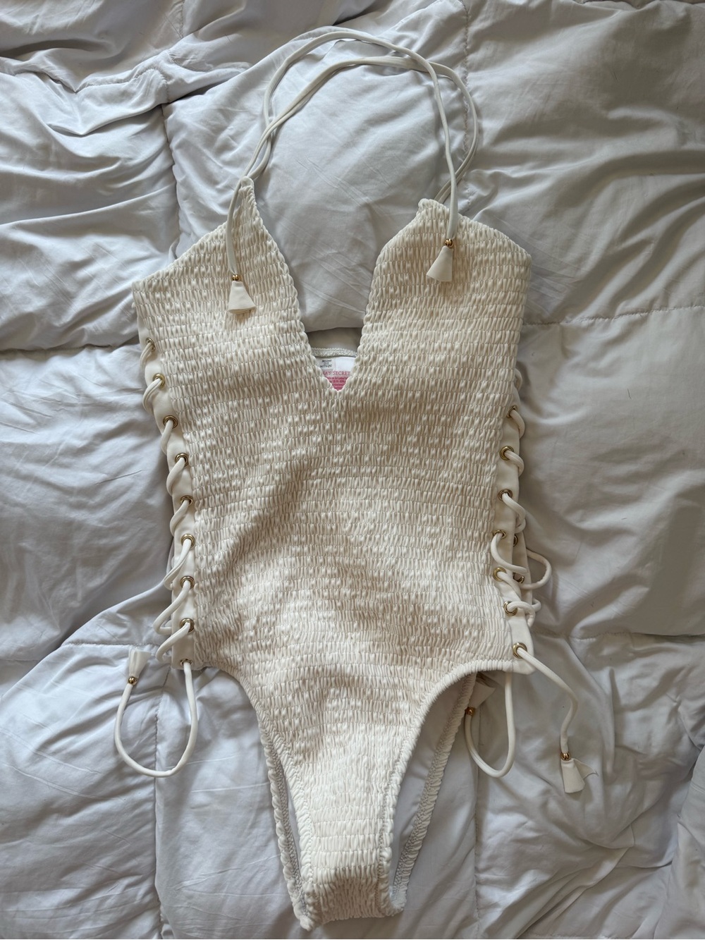 Victoria's Secret Cream Smocked One-Piece Swimsuit with Side Lace-Up